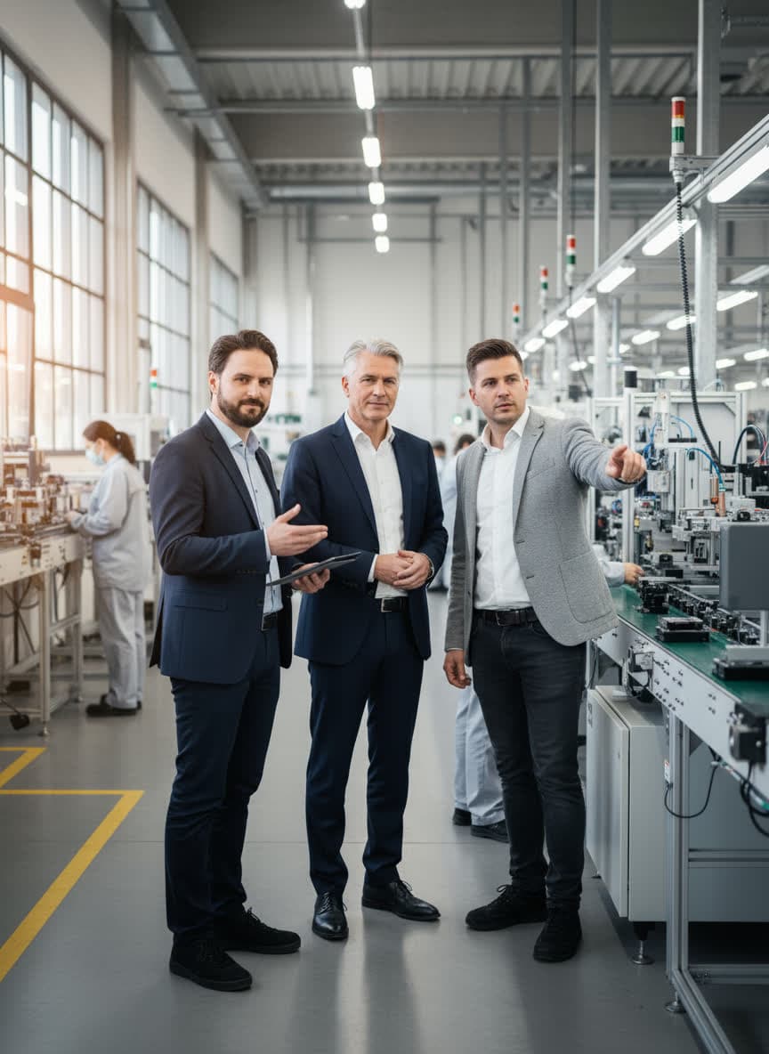Beratungsgespräch in einer Produktionshalle
